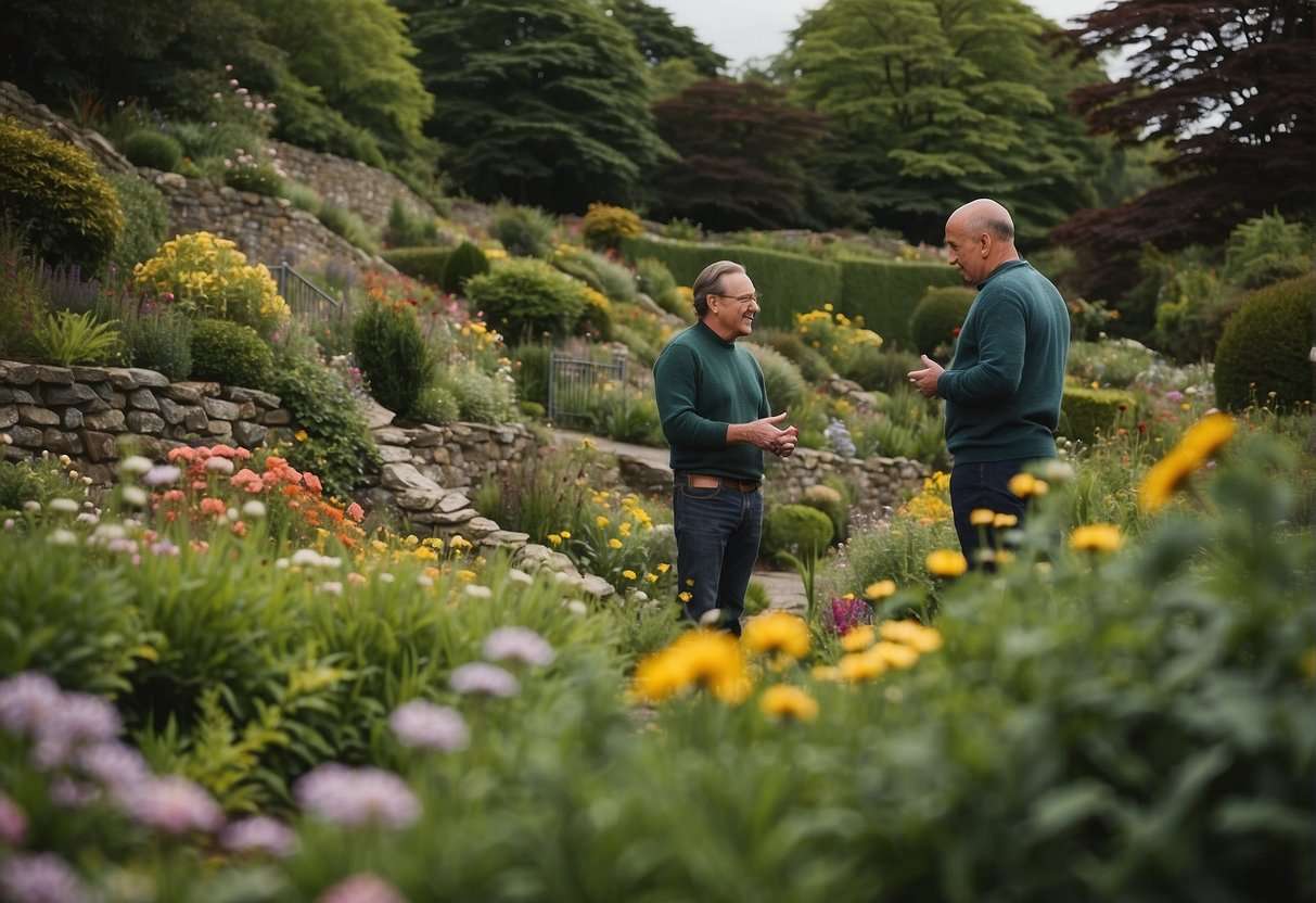 A lush green garden in Ireland with rolling hills, stone walls, and colorful flowers. A landscaper is consulting with a client, discussing design options