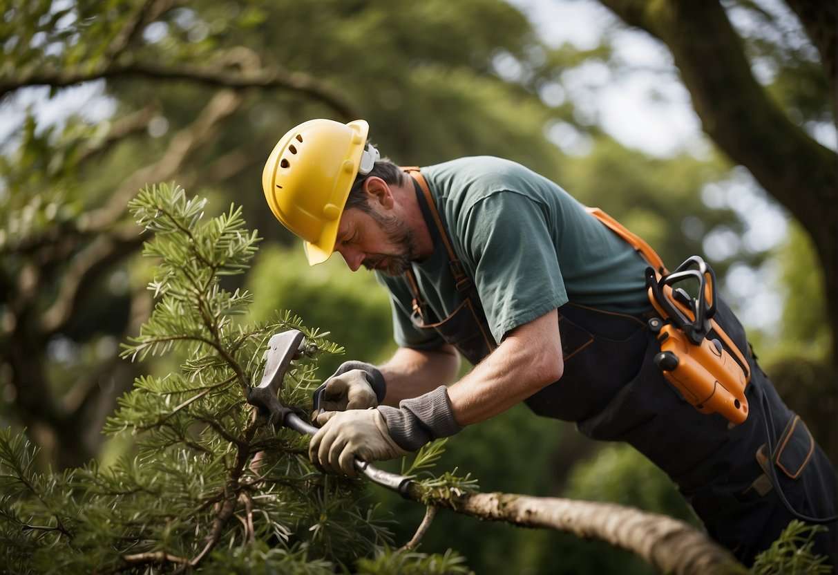 A tree surgeon carefully trims branches of a mature tree in an Irish garden, ensuring proper pruning techniques are used to maintain tree health and shape