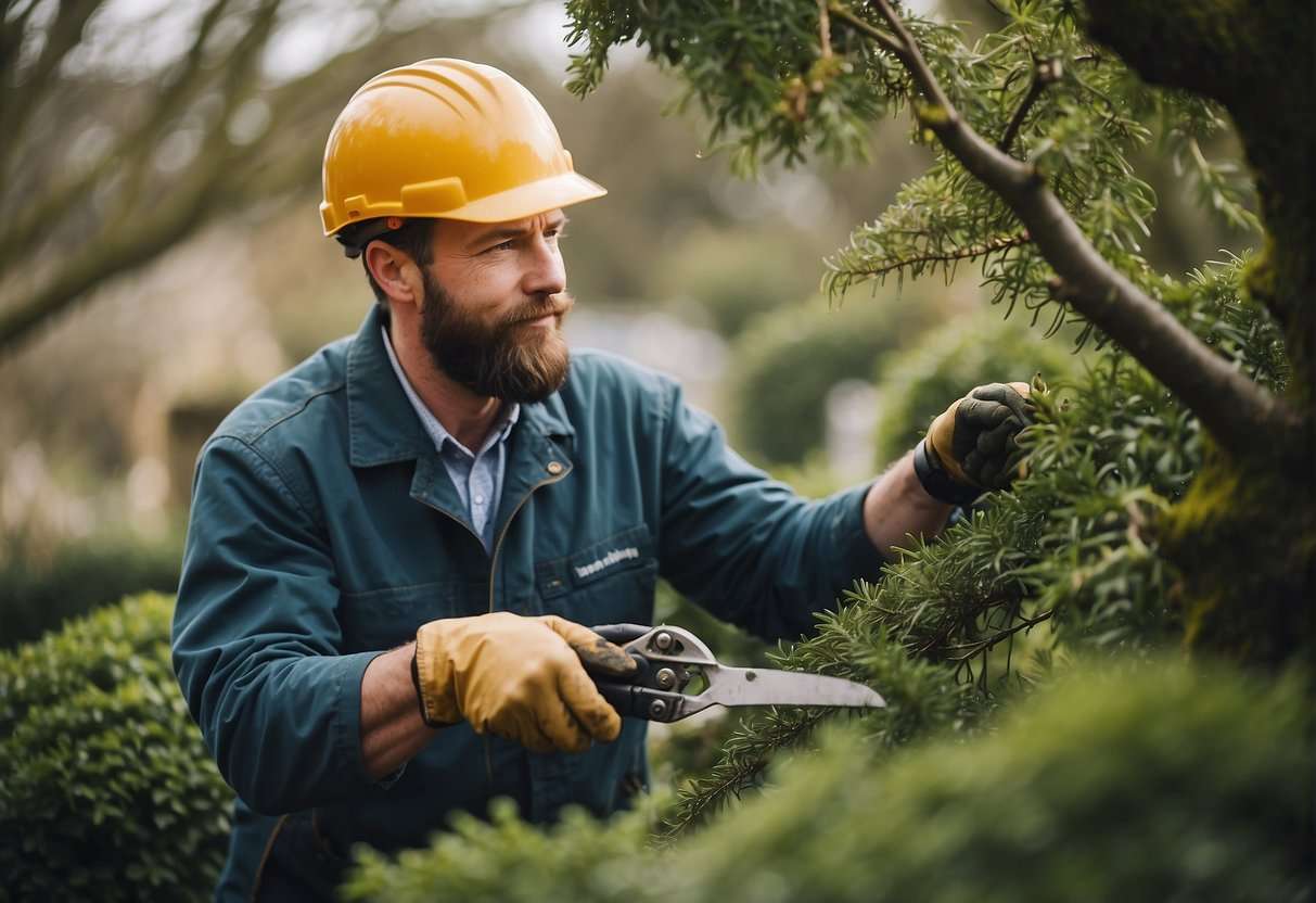 A tree surgeon pruning trees in an Irish garden, inspecting branches and discussing services offered