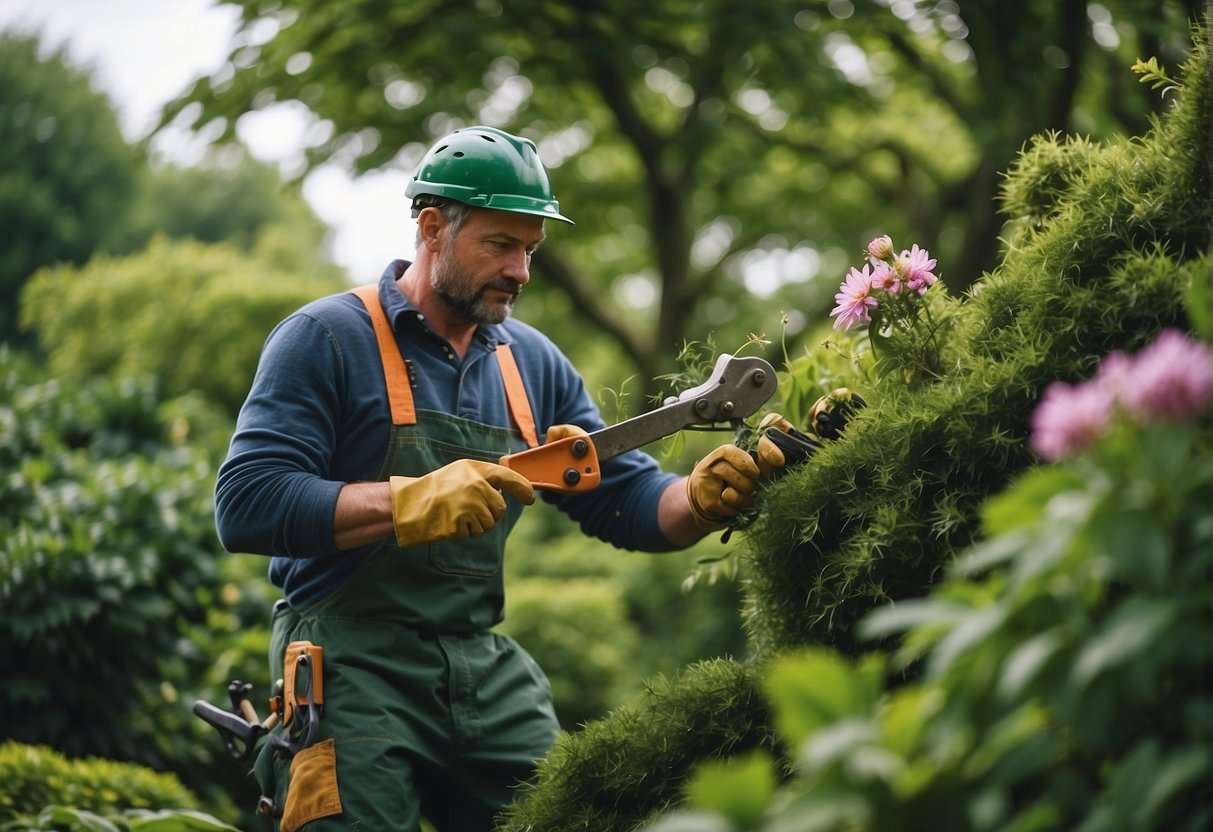 A tree surgeon carefully pruning trees in an Irish garden, surrounded by lush greenery and colorful flowers, with a thoughtful expression on their face