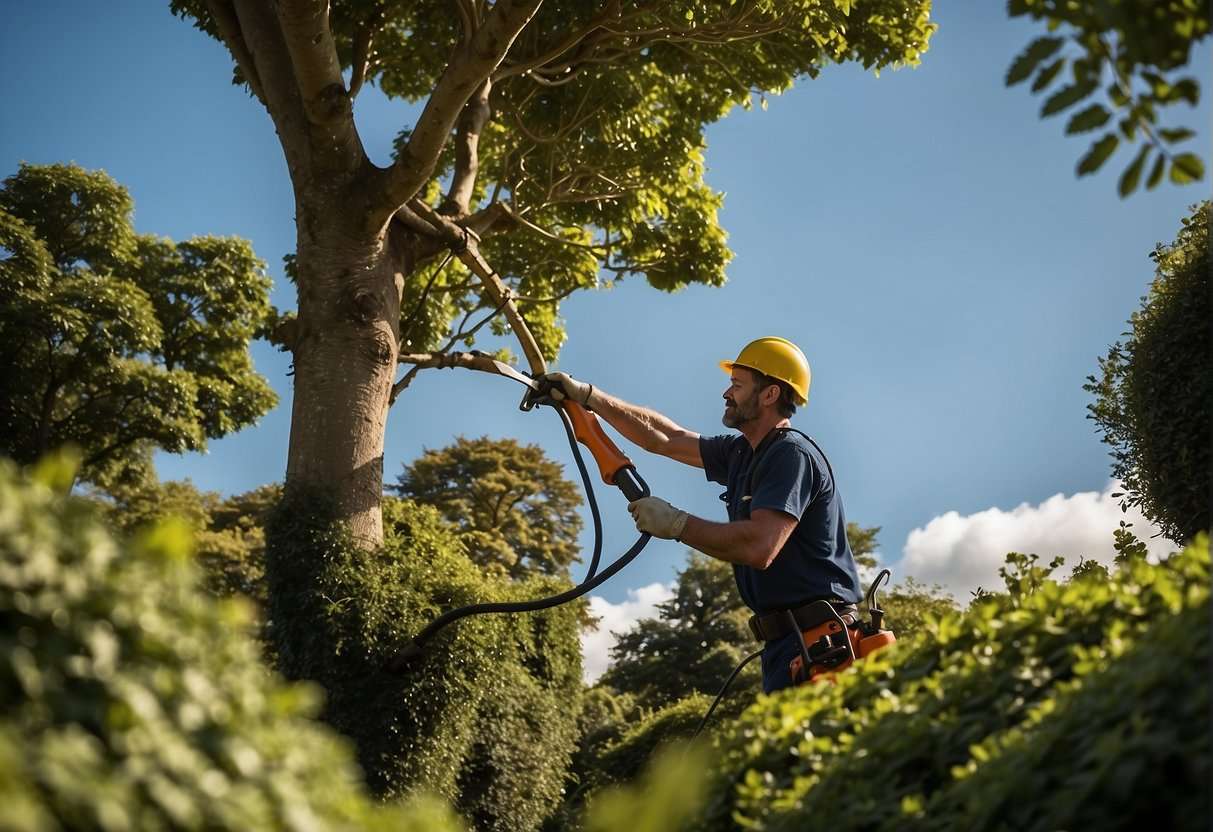 A tree surgeon pruning trees in an Irish garden, surrounded by lush greenery and rolling hills, with a variety of tree species and a clear blue sky above