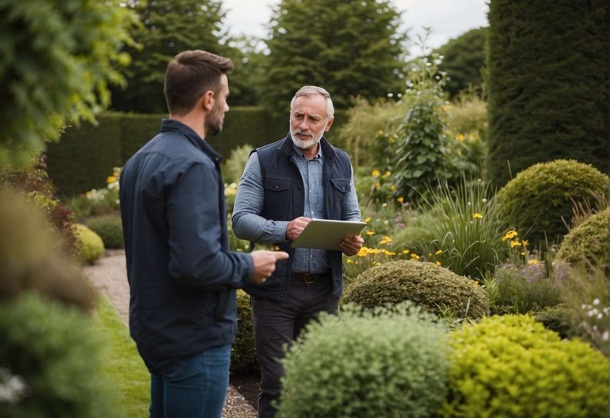 A landscaper in Ireland discusses garden design with a client, referencing local regulations. They review potential plant choices and layout options