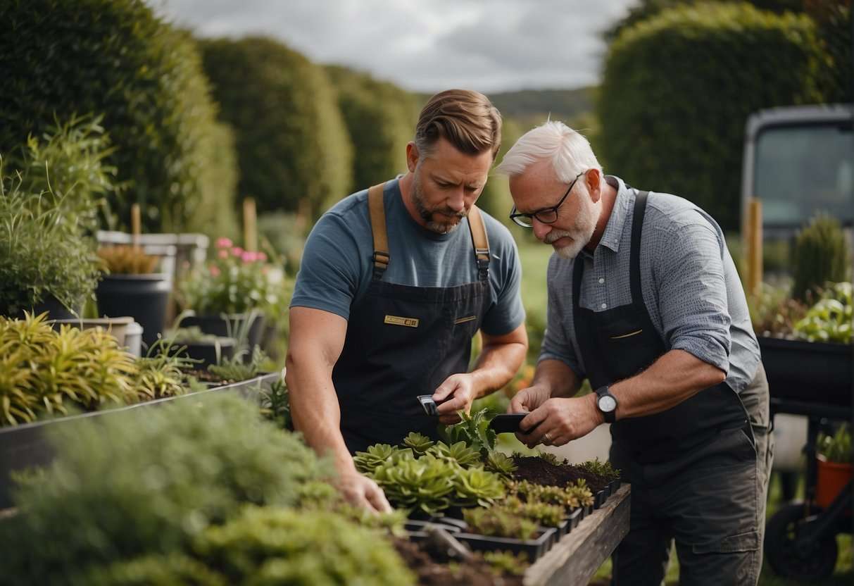 A landscaper in Ireland carefully considers plant choices and layout while discussing design options with a client