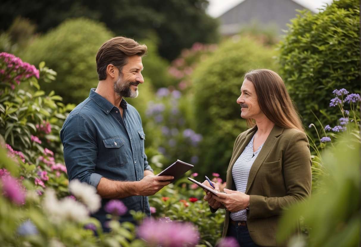 A landscaper in Ireland is discussing garden design with a client, surrounded by lush greenery and colorful flowers. The client holds a notebook, asking questions about the process
