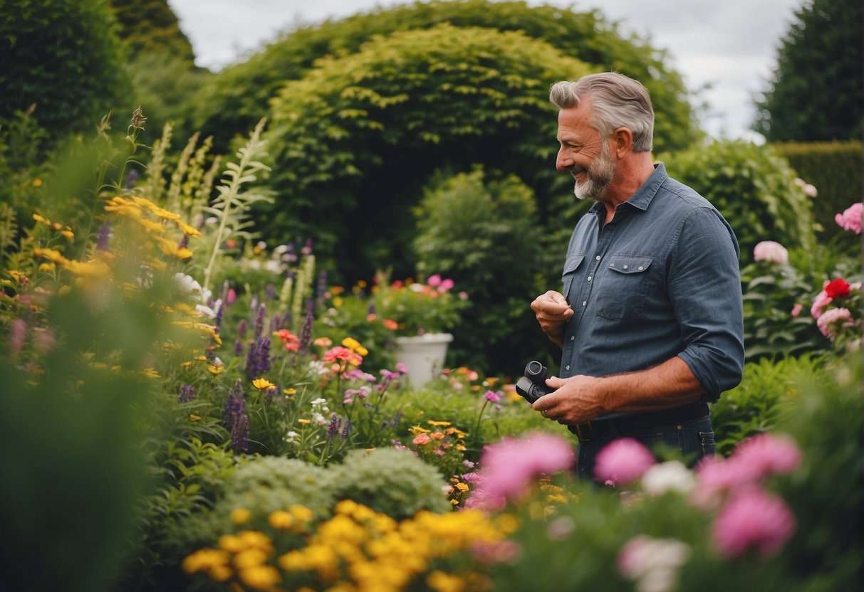 A landscaper in Ireland is discussing garden design considerations with a client, surrounded by lush greenery and colorful flowers