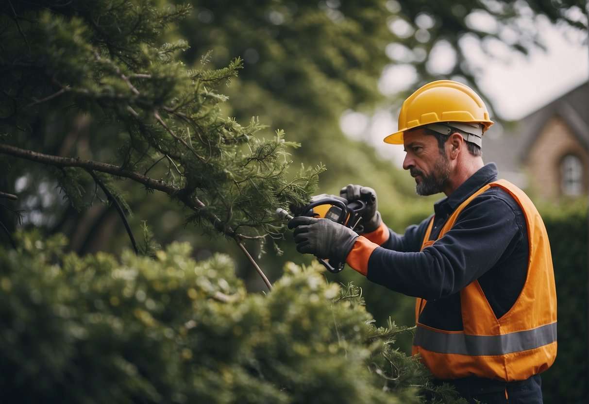 A tree surgeon pruning trees in an Irish garden, surrounded by lush greenery and colorful flowers. A ladder and pruning tools are nearby