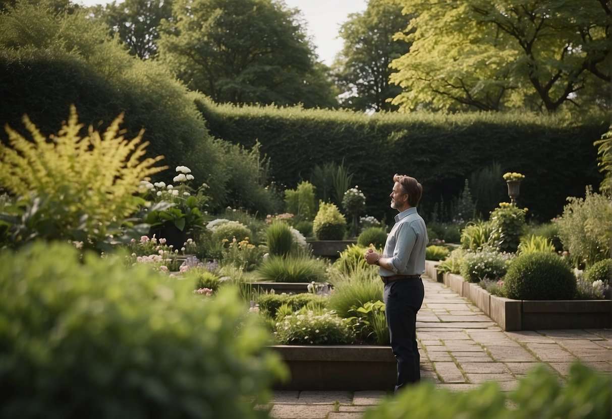 Landscape designer speaks with client in lush Irish garden, discussing plant selection and layout